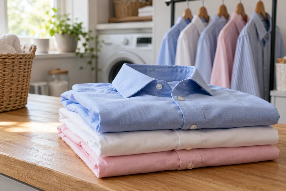 Neatly pressed shirts kept clean and organised in a home laundry area
